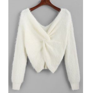 Twisted plunging fuzzy sweater